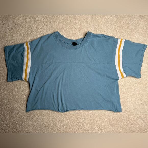 Wild Fable Blue Short Sleeve Tee with Yellow and White Vintage Jersey Stripes - Picture 1 of 8
